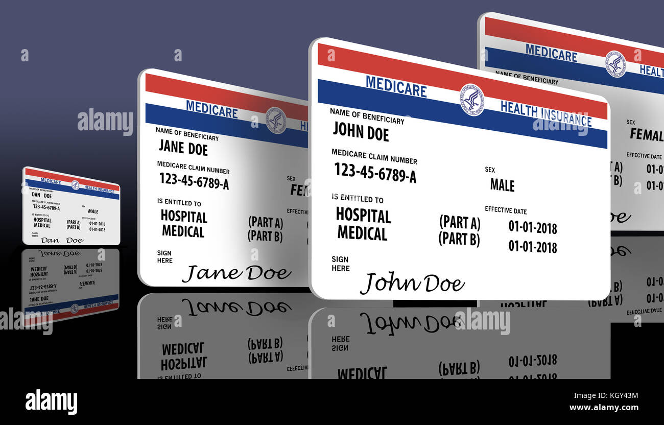 Medicare Krankenversicherungskarte. Dies ist eine verspottete Medicare-Karte von John Doe. Stockfoto