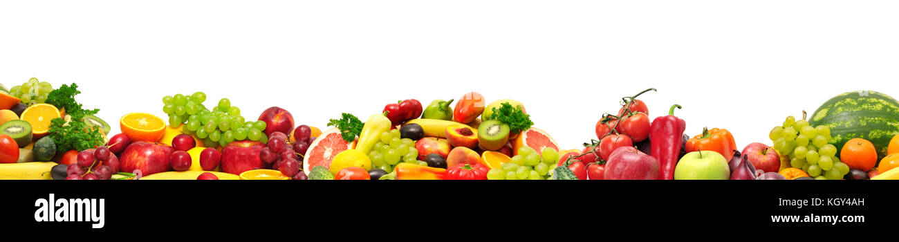 Panoramablick auf die Sammlung von frischen Früchten und Gemüsen skinali auf weißem Hintergrund Stockfoto