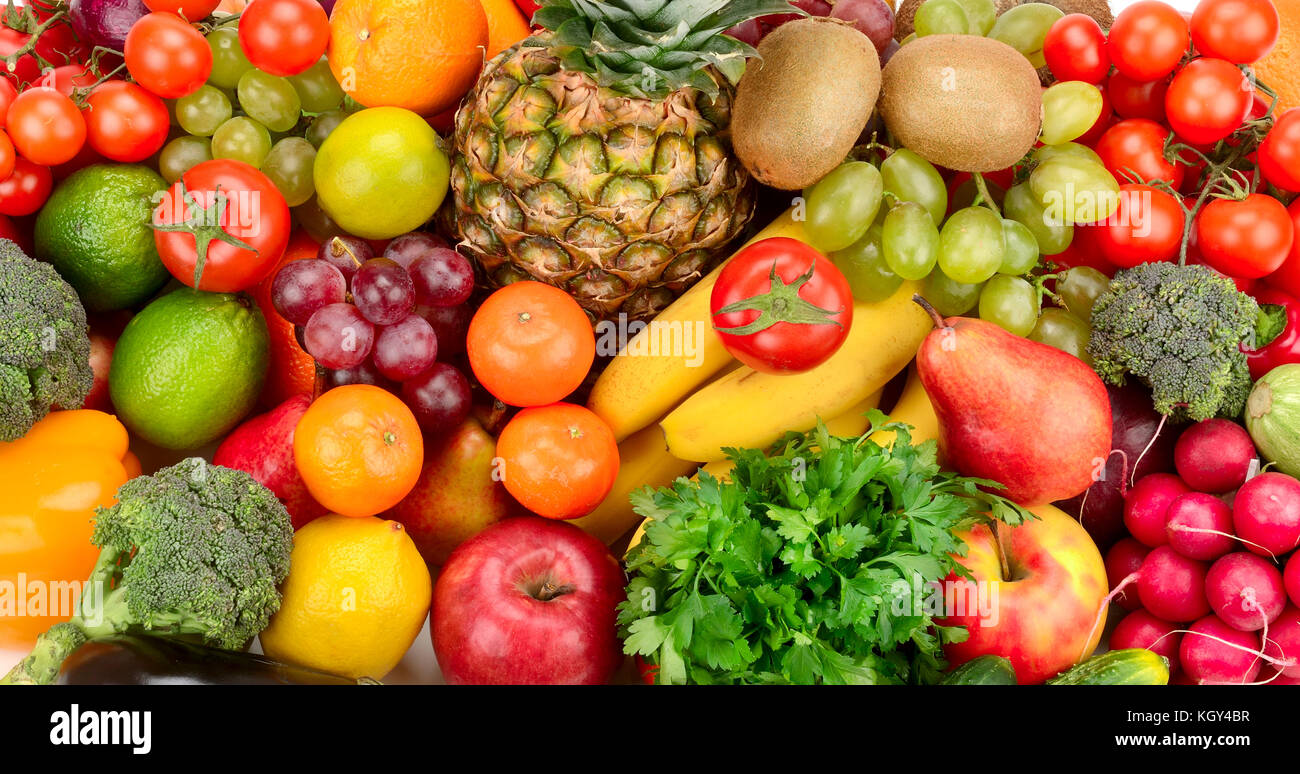 Sammlung von hellen, frischen Obst und Gemüse. Ansicht von oben. Stockfoto