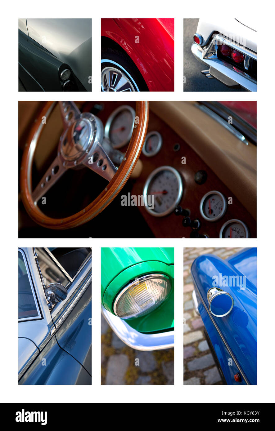 Details von Karossen auf einer Collage. Stockfoto