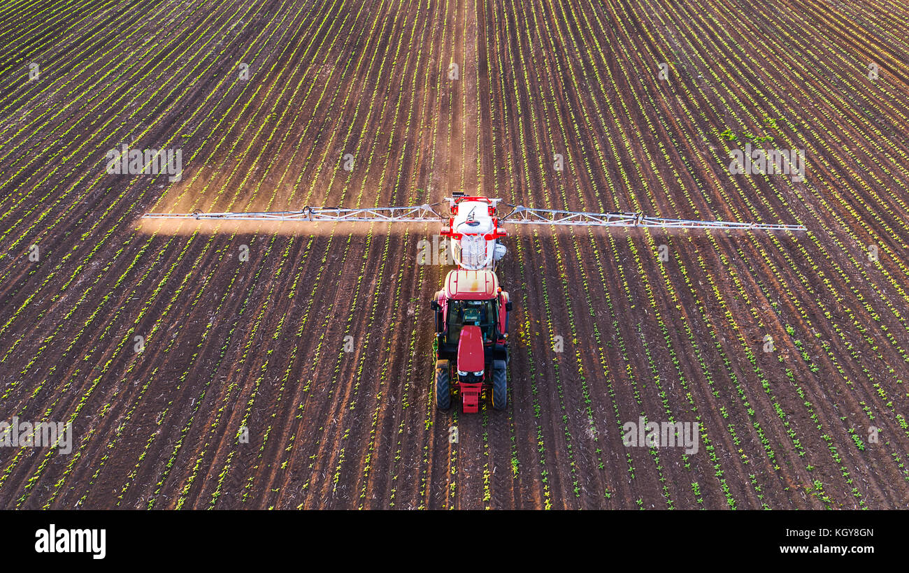 Traktor spritzen Feld am Frühling, Luftaufnahme Stockfoto
