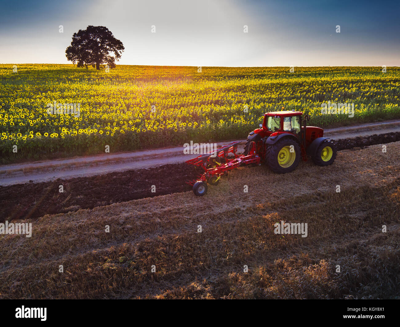 Bauer im Traktor Vorbereitung land mit saatbeet Grubber, Luftaufnahme Stockfoto