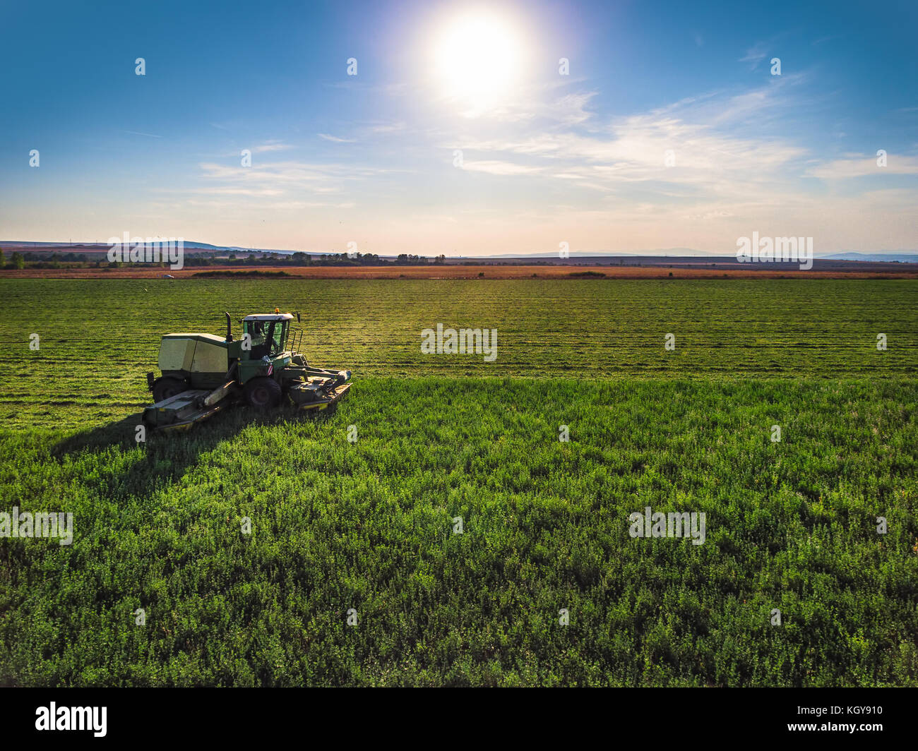 Traktor mähen grünes Feld und bkue Himmel mit Wolken Stockfoto