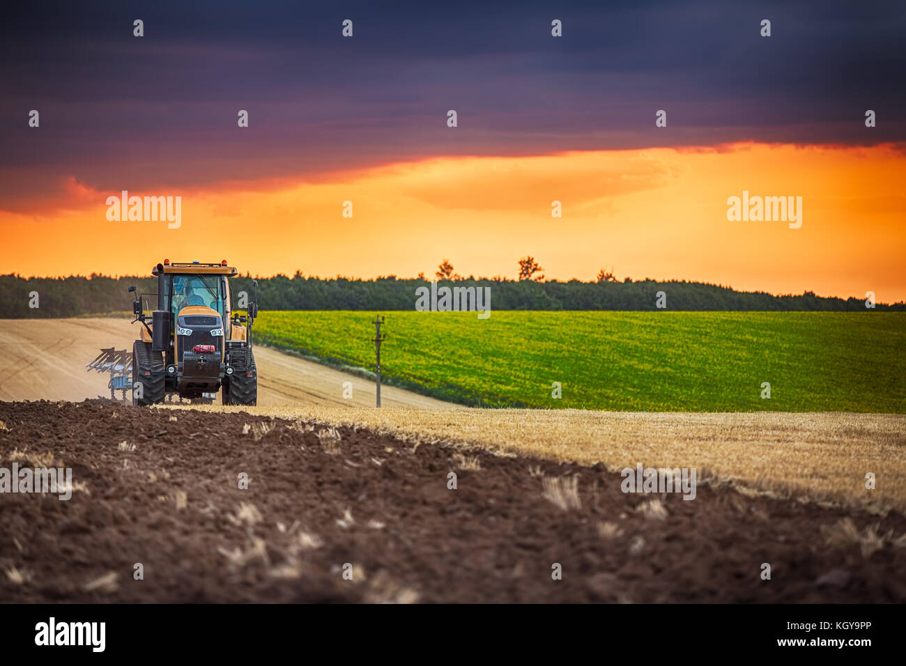 Landwirt in Vorbereitung der Flächen mit Saatbeet Grubber Traktor Stockfoto