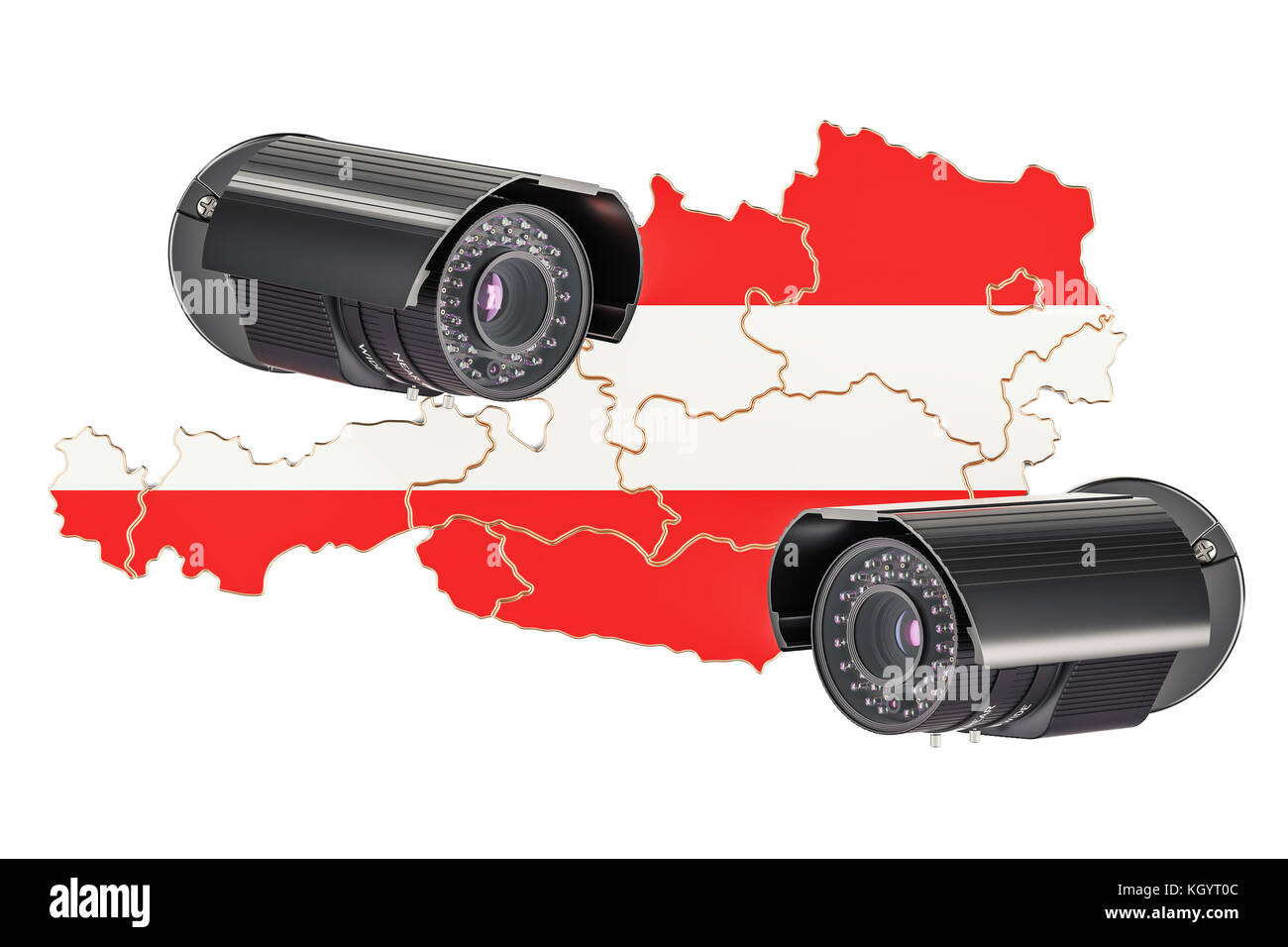 Überwachung und Sicherheit System Konzept in Österreich. 3D-Rendering auf weißem Hintergrund Stockfoto