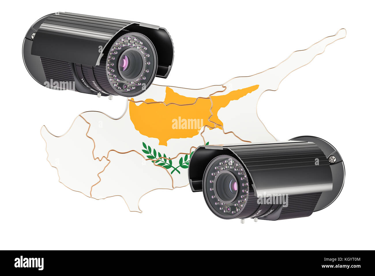 Überwachung und Sicherheit System Konzept in Zypern. 3D-Rendering auf weißem Hintergrund Stockfoto