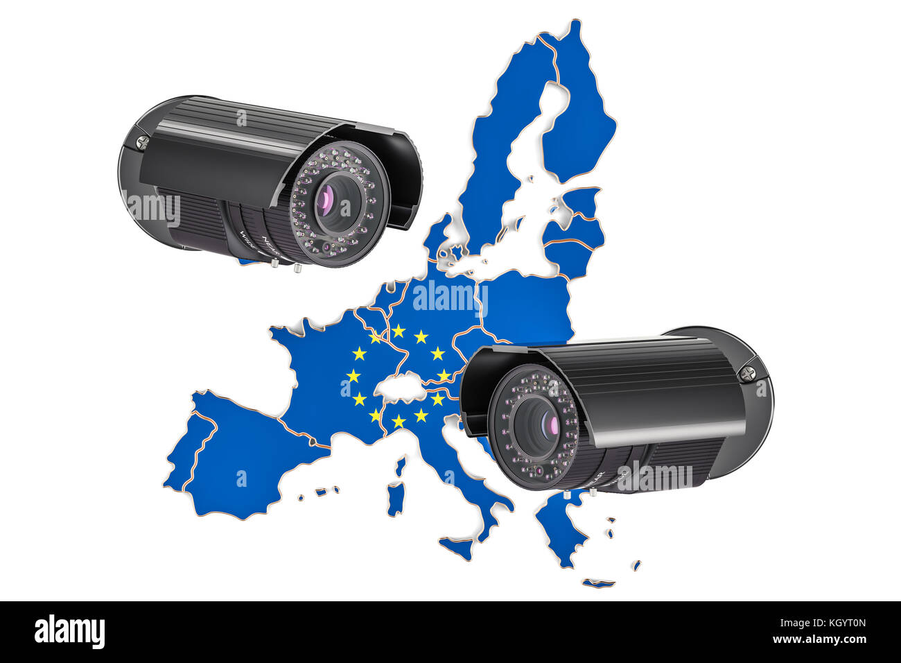 Überwachung und Sicherheit System Konzept in der Europäischen Union. 3D-Rendering auf weißem Hintergrund Stockfoto