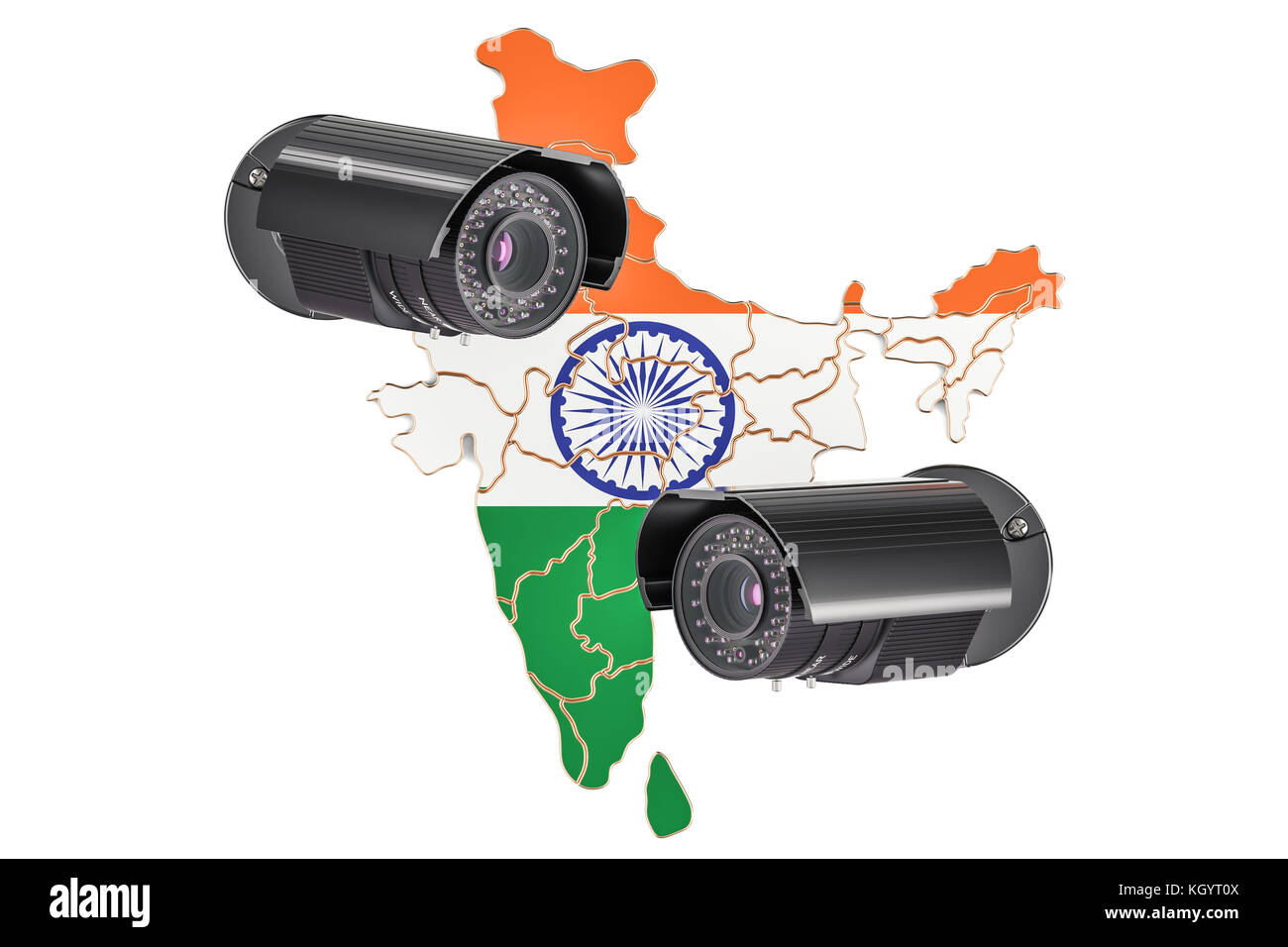 Überwachungs- und Sicherheitssystem-Konzept in Indien. 3D-Rendering auf weißem Hintergrund isoliert Stockfoto