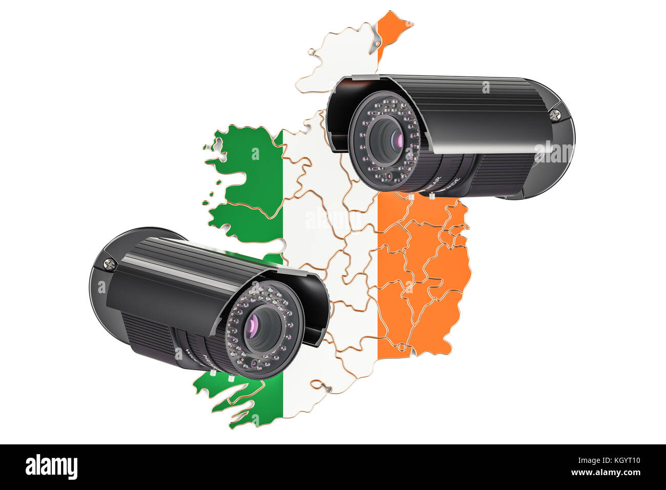 Überwachung und Sicherheit System Konzept in Irland. 3D-Rendering auf weißem Hintergrund Stockfoto