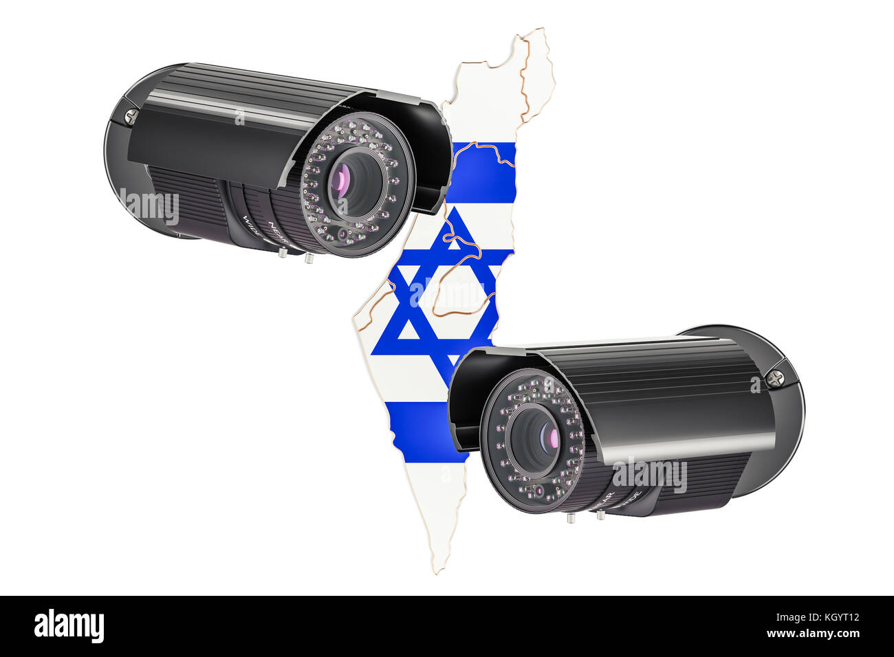 Überwachung und Sicherheit System Konzept in Israel. 3D-Rendering auf weißem Hintergrund Stockfoto