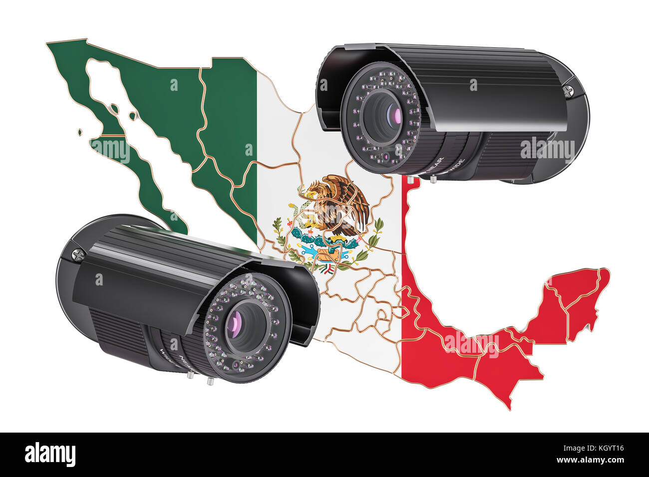 Überwachung und Sicherheit System Konzept in Mexiko. 3D-Rendering auf weißem Hintergrund Stockfoto