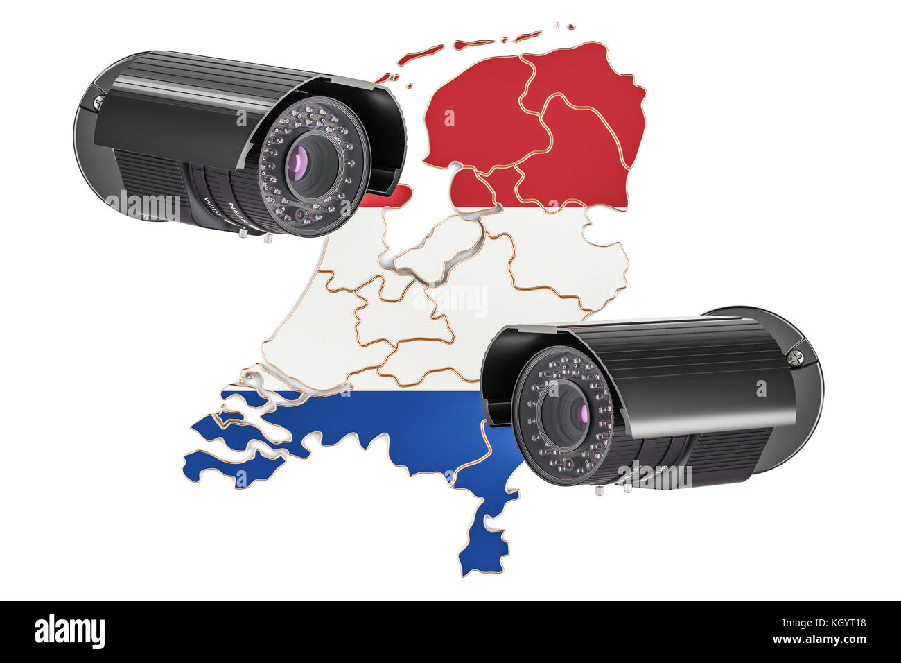 Überwachung und Sicherheit System Konzept in den Niederlanden. 3D-Rendering auf weißem Hintergrund Stockfoto