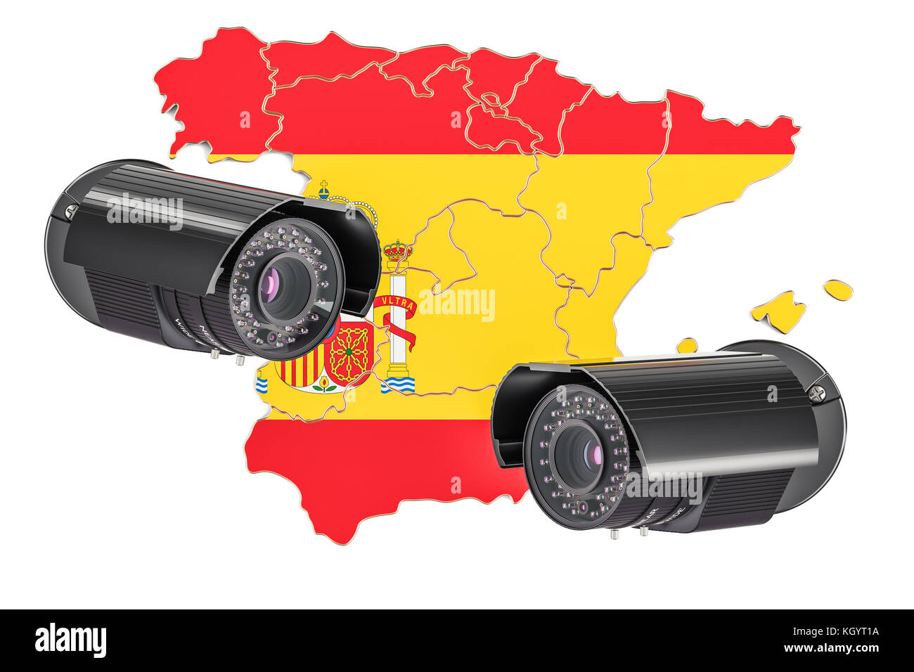 Überwachung und Sicherheit System Konzept in Spanien. 3D-Rendering auf weißem Hintergrund Stockfoto