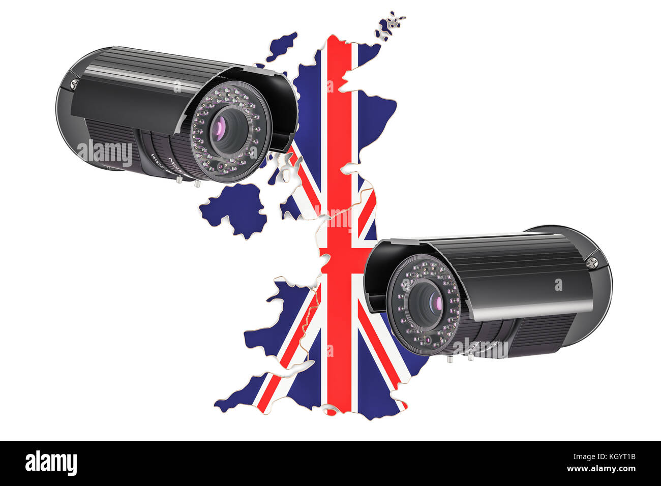 Überwachung und Sicherheit System Konzept in Großbritannien. 3D-Rendering auf weißem Hintergrund Stockfoto