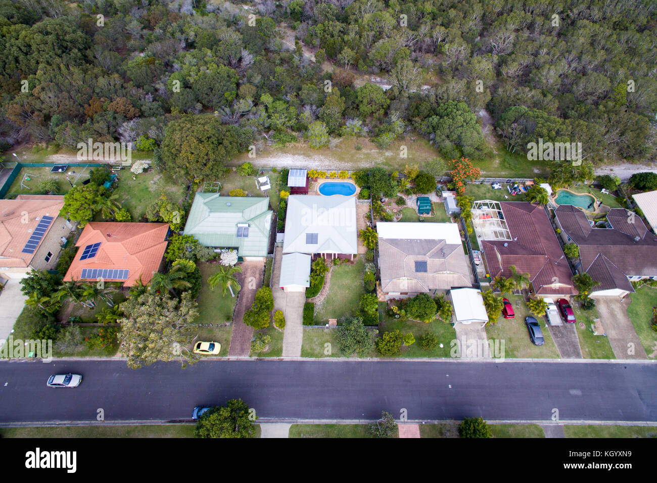 Luftaufnahme von einem Wohnviertel bogangar, New South Wales, Australien. Stockfoto