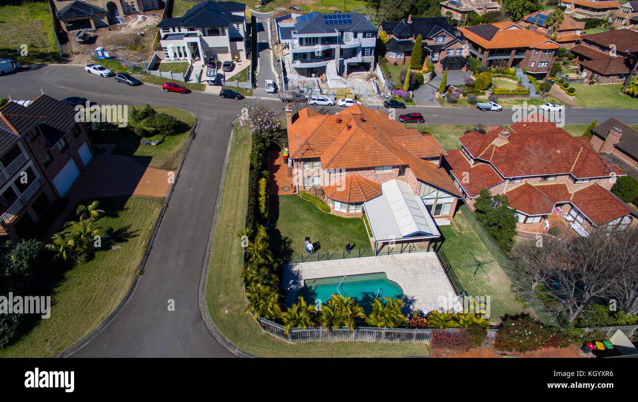 Luftaufnahme von einem Wohngebiet im Westen von Sydney, New South Wales, Australien. Stockfoto