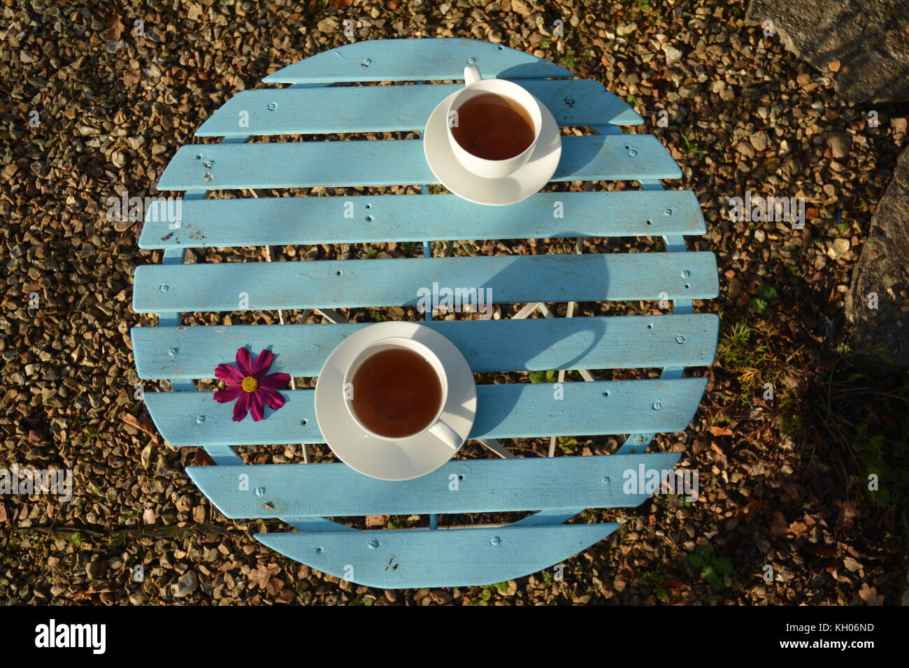 Garten Tisch und zwei Tassen Tee mit Blume Stockfoto