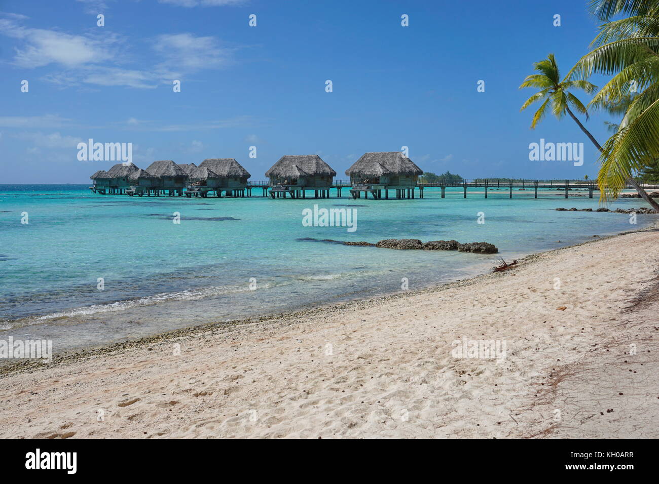 Tropischen Sandstrand mit strohgedeckten Bungalows auf Stelzen in der Lagune, Tikehau Atoll, tuamotus, Französisch-Polynesien, South Pacific Ocean, Ozeanien Stockfoto