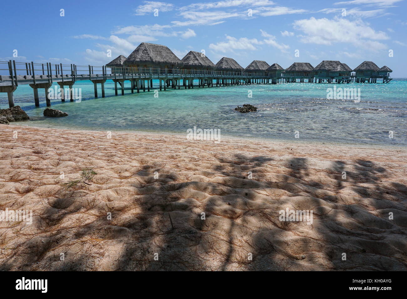Tropische Lagune mit Überwasser Bungalows Resort von einem Sandstrand mit Schatten von Bäumen, Tikehau, tuamotus, Französisch Polynesien, Pazifik Stockfoto