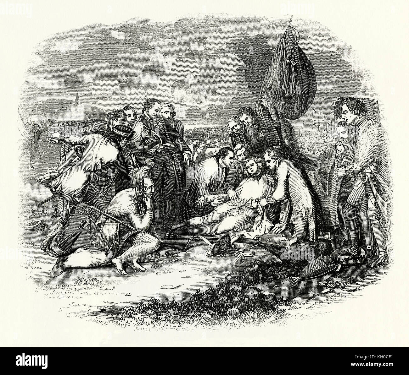 Alte Gravur zeigt den Tod von General James Wolfe in der Schlacht von Québec 1759 während des Französisch- und Indianerkrieges - Teil des Siebenjährigen Krieges. Sie wurde auch als Schlacht in den Plains of Abraham bezeichnet und fand am 13. September 1759 statt Stockfoto Alte Gravur zeigt den Tod von General James Wolfe in der Schlacht von Québec 1759 während des Französisch- und Indianerkrieges - Teil des Siebenjährigen Krieges. Sie wurde auch als Schlacht in den Plains of Abraham bezeichnet und fand am 13. September 1759 statt Stockfoto