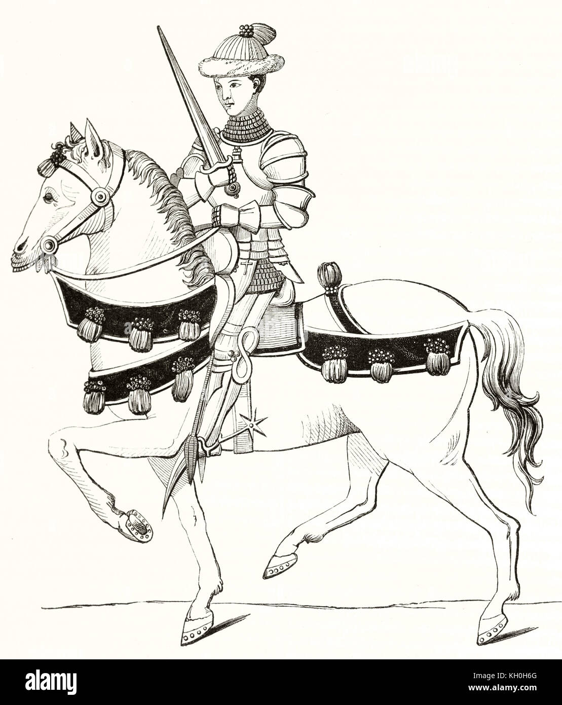 Alte Abbildung: Darstellung aus dem 15. Jahrhundert Armee Kapitän Pferd. Nach Willemin, Publ. Auf Magasin Pittoresque, Paris, 1847 Stockfoto