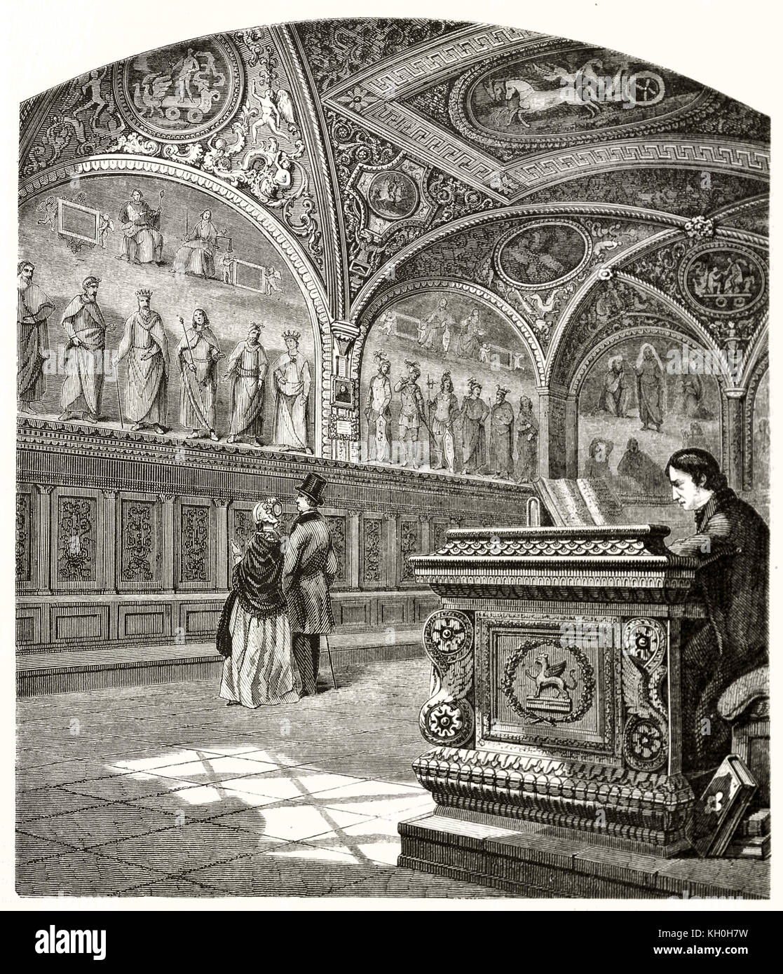 Alte Innenansicht des Collegio del Cambio, Perugia, Italien. Nach Piero Perugino und seine Teilnehmer, Publ. Auf Magasin Pittoresque, Paris, 1847 Stockfoto