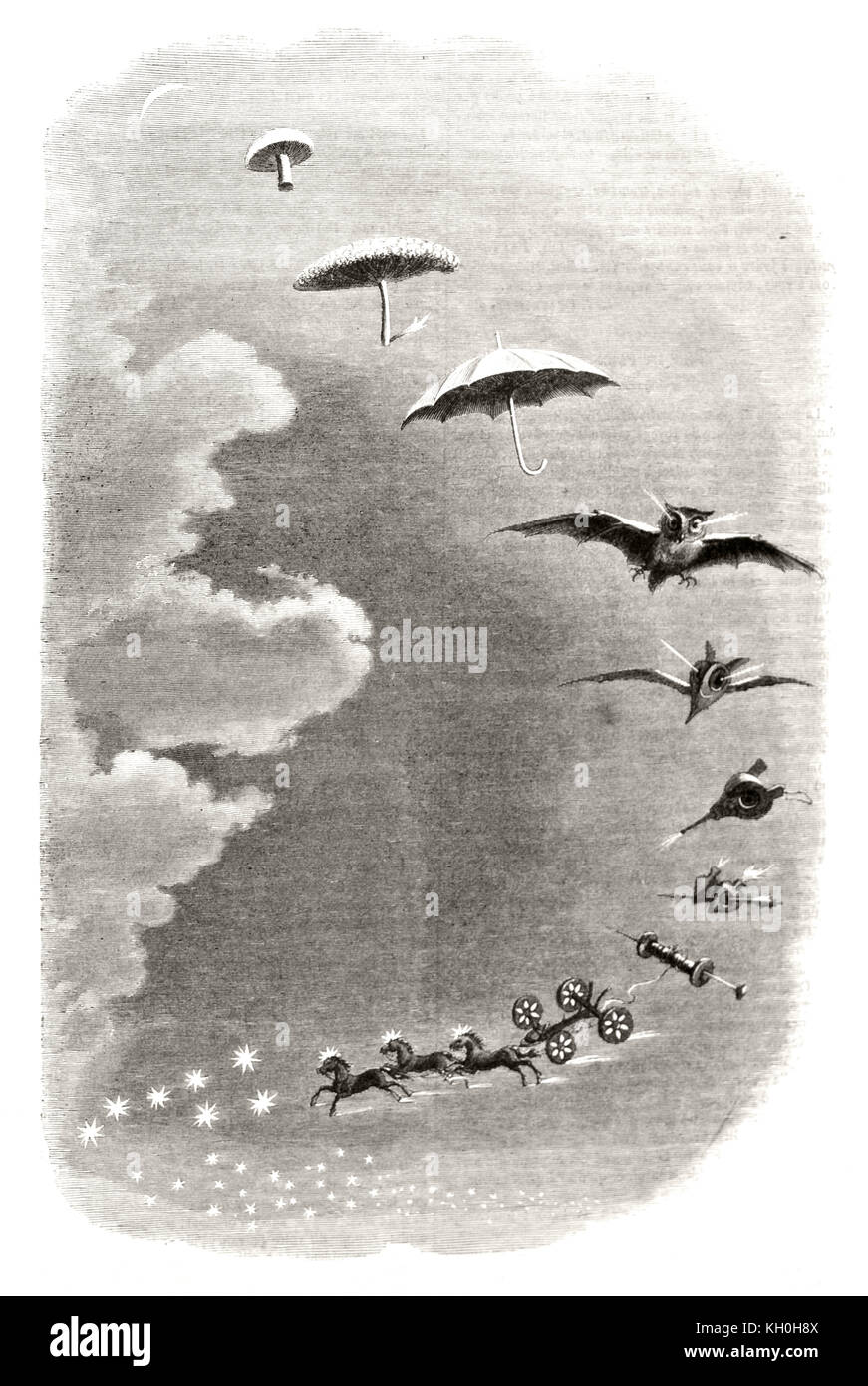 Alte Abbildung: ein Traum von J.J. Grandeville: Spaziergang in den Himmel. Publ. Auf Magasin Pittoresque, Paris, 1847 Stockfoto