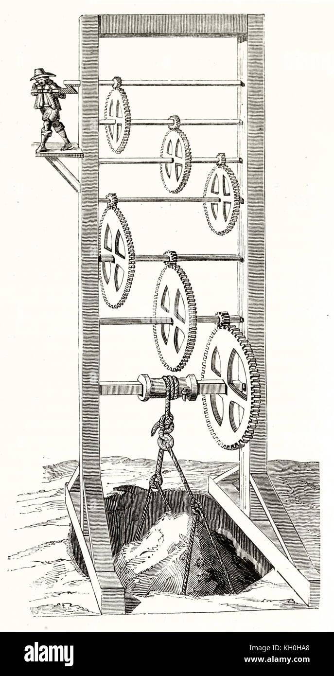 Alte Abbildung: Darstellung der Gänge schalten und Arbeiten. Nach Salomon de Caus, Publ. Auf Magasin Pittoresque, Paris, 1847 Stockfoto