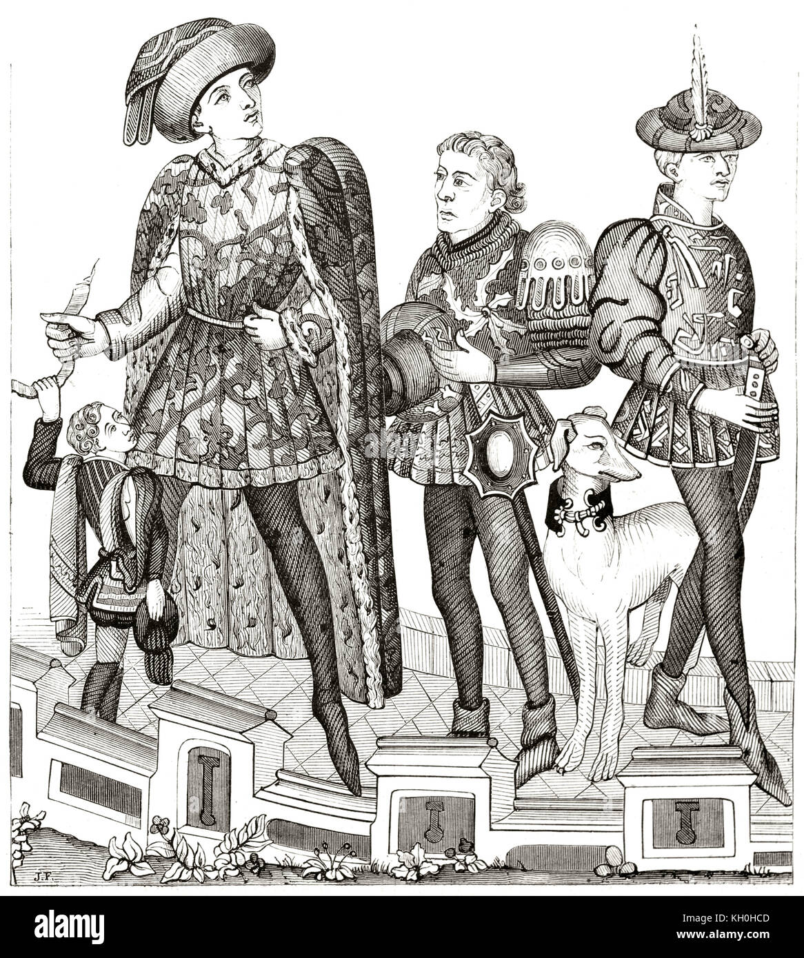 Alte Abbildung der mittelalterlichen Herr, Pageboy, Parkservice und Messenger. Von unbekannter Autor, Hrsg. auf Magasin Pittoresque, Paris, 1847 Stockfoto