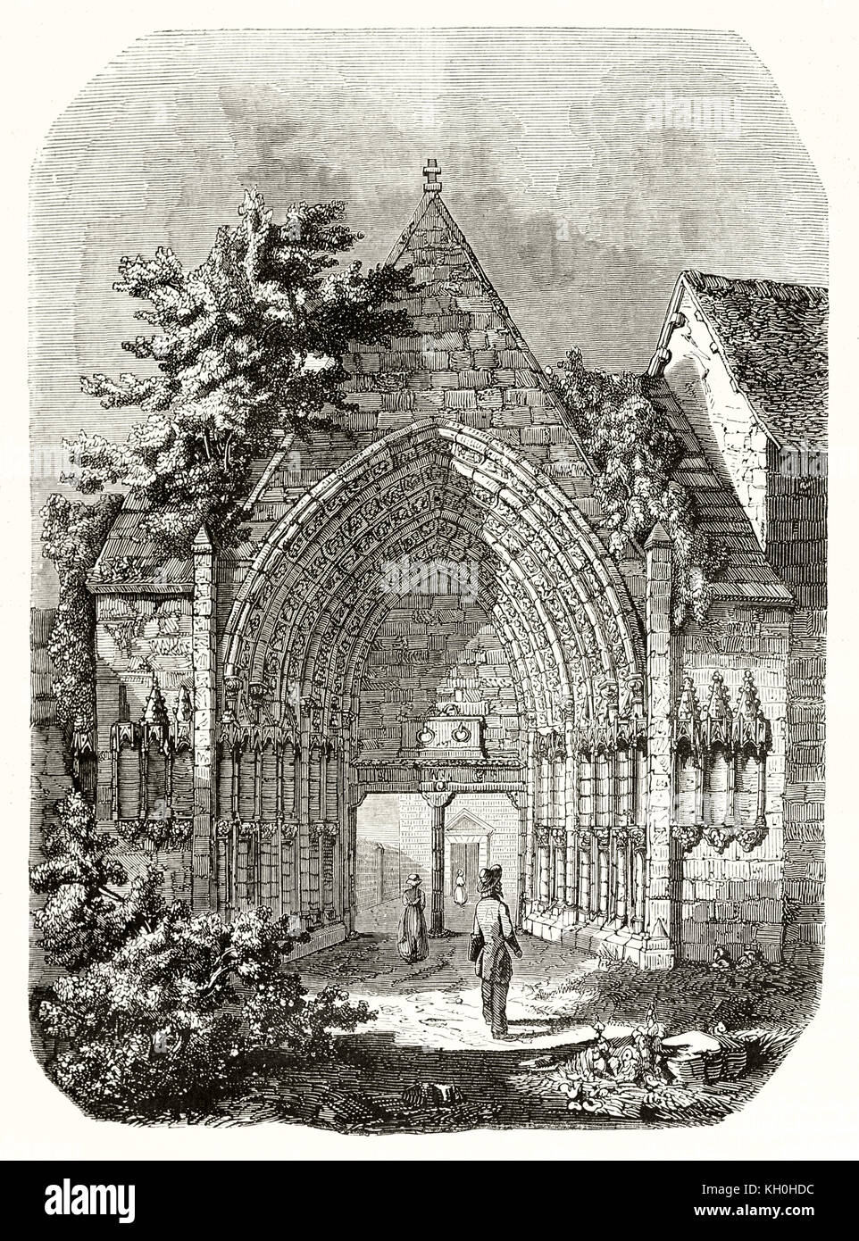 Alte Abbildung des 12. Jahrhunderts Portal in Moutier d'Aubusson, Frankreich. Von unbekannter Autor, Hrsg. auf Magasin Pittoresque, Paris, 1847 Stockfoto