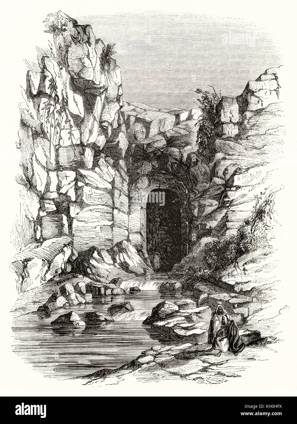 Alte Ansicht von Cascade Romuel, in der Nähe von Constantine, Algerien. Von unbekannter Autor, Hrsg. auf Magasin Pittoresque, Paris, 1847 Stockfoto