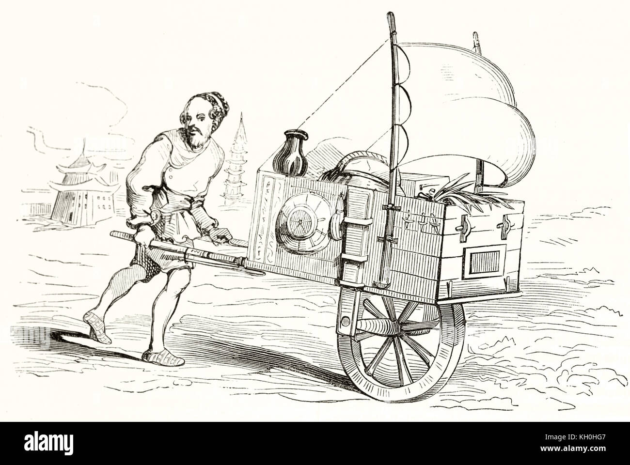 Alte Abbildung eines Segels angetriebene Schubkarre. Von unbekannter Autor, Hrsg. auf Magasin Pittoresque, Paris, 1847 Stockfoto