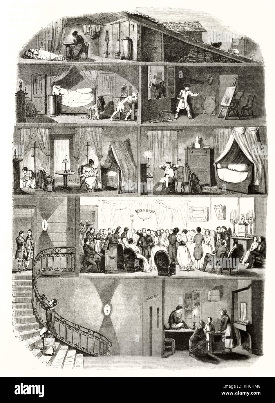 Drei Etagen Gebäude Abschnitt alte Abbildung. Von Girardet und Quartley, Publ. Auf Magasin Pittoresque, Paris, 1847 Stockfoto