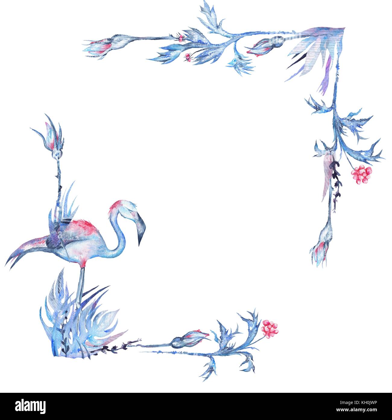 Blau exotische Karte Vorlage mit Palmblättern, Rosenknospen und Flamingo Vögel auf weißem Hintergrund Stockfoto