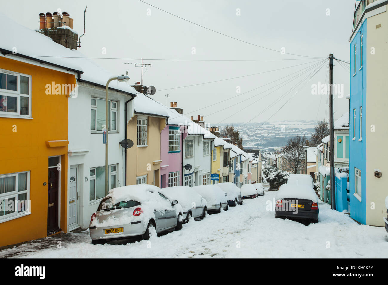 Schneereiche Winter in Brighton, East Sussex, England. Stockfoto