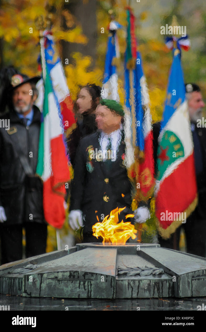 LYON, FRANKREICH, 11. NOVEMBER 2017: Tierärzte und Fahnenträger werden bei der Zeremonie in Lyon (Zentralfrankreich) zum Gedenken an den 99. Jahrestag des Waffenstillstands gesehen. Stockfoto