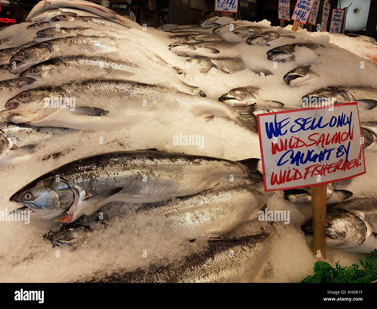 Seattle, USA. 30. August 2017. Ein Fischstand verkauft frisch gefangenen Wildlachs auf dem Pike Place Market in Seattle, USA, 30. August 2017. Der Pike Place Market ist eine der größten Attraktionen in Seattle. Sie wurde im Jahr 1907 von Ratsmitglied Thomas P. Revelle gegründet. Die historischen Hallen am Hafen der Elliott Bay gehören zu den ältesten, kontinuierlich existierenden öffentlichen Märkten in den Vereinigten Staaten. Hier finden Sie Obst und Gemüse, Fisch- und Fleischstände, Restaurants sowie besondere Stände mit Blumen und Kunsthandwerk. Quelle: Alexandra Schuler/dpa/Alamy Live News Stockfoto