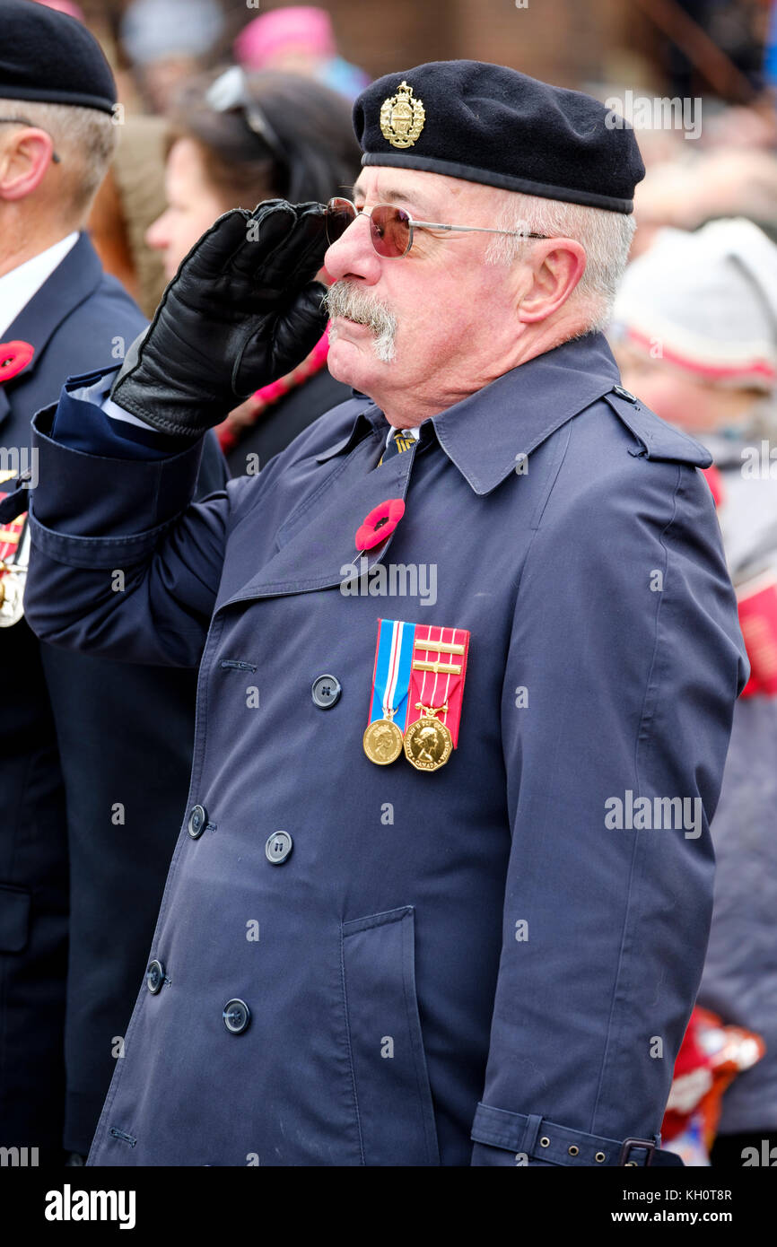 London, Ontario, Kanada, 11. November 2017. Tausende von Londonern auf die restaurierte Ehrenmal in der Innenstadt von Victoria Park versammelt Erinnerung Tag der Zeremonien zu markieren. Die Veranstaltung wurde durch eine Parade und die Anwesenheit von vielen Veteranen, die in früheren Kriege geführt. Ehrenmal der Stadt wurde im September 97 nach einem $ 475.000 Restaurierung. Credit: Rubens Alarcon/Alamy leben Nachrichten Stockfoto