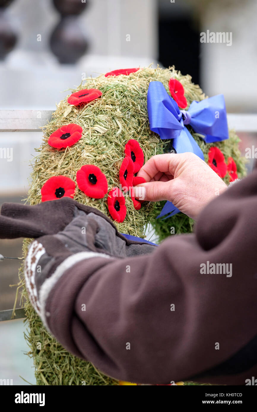 London, Ontario, Kanada, 11. November 2017. Tausende von Londonern auf die restaurierte Ehrenmal in der Innenstadt von Victoria Park versammelt Erinnerung Tag der Zeremonien zu Ehren militärische Männer und Frauen. Die Veranstaltung wurde durch eine Parade und die Anwesenheit von vielen Veteranen, die in früheren Kriege geführt. Ehrenmal der Stadt wurde im September 97 nach einem $ 475.000 Restaurierung. Credit: Rubens Alarcon/Alamy leben Nachrichten Stockfoto