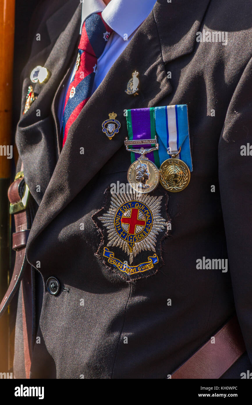 Krieg Medaillen bei der Erinnerung Sonntag Zeremonie 2017 am Ehrenmal in Prinzessin Gärten, Torquay, Devon, Großbritannien getragen. 12. November 2017. Stockfoto