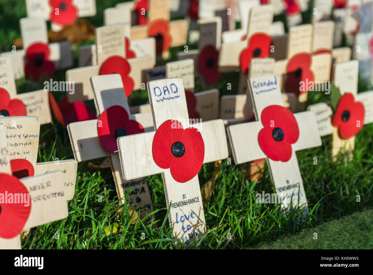 Tag der Erinnerung in Southampton, Hampshire, Großbritannien, 12. November 2017. Mohnblumen und Poppy Kränze in Gedenken Sonntag Gedenkfeiern gelegt. Stockfoto