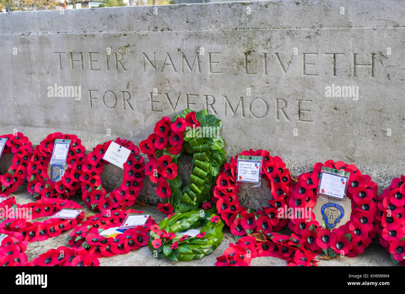 Tag der Erinnerung in Southampton, Hampshire, Großbritannien, 12. November 2017. Roter Mohn und Poppy Kränze in Gedenken Sonntag Gedenkfeiern gelegt. Stockfoto