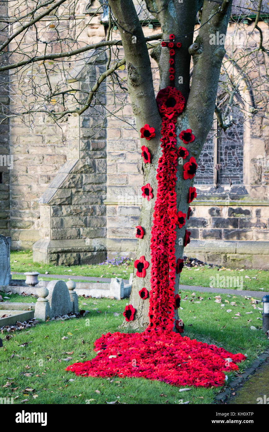 All Saints Church Heide, Derbyshire - Handknitted Mohn nach unten kaskadieren ein Baum in der Kirche yard Erinnerung gedenken Sonntag 2017 Credit: Catherine Hoggins/Alamy leben Nachrichten Stockfoto