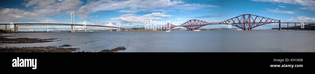 Panorama der Forth Bridge, Forth Road Bridge und Queensferry Crossing Bridge Stockfoto