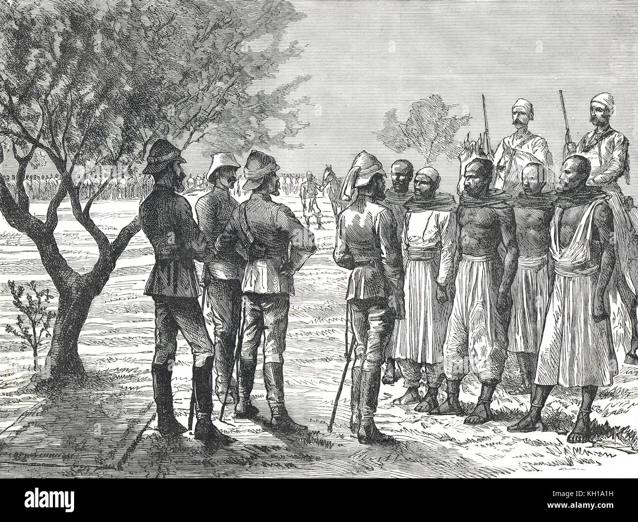 Hicks Pascha untersucht arabische Telegrafendrähte während eines Stopps in der Expeditionstruppe nach Kordofan, 1883 Stockfoto