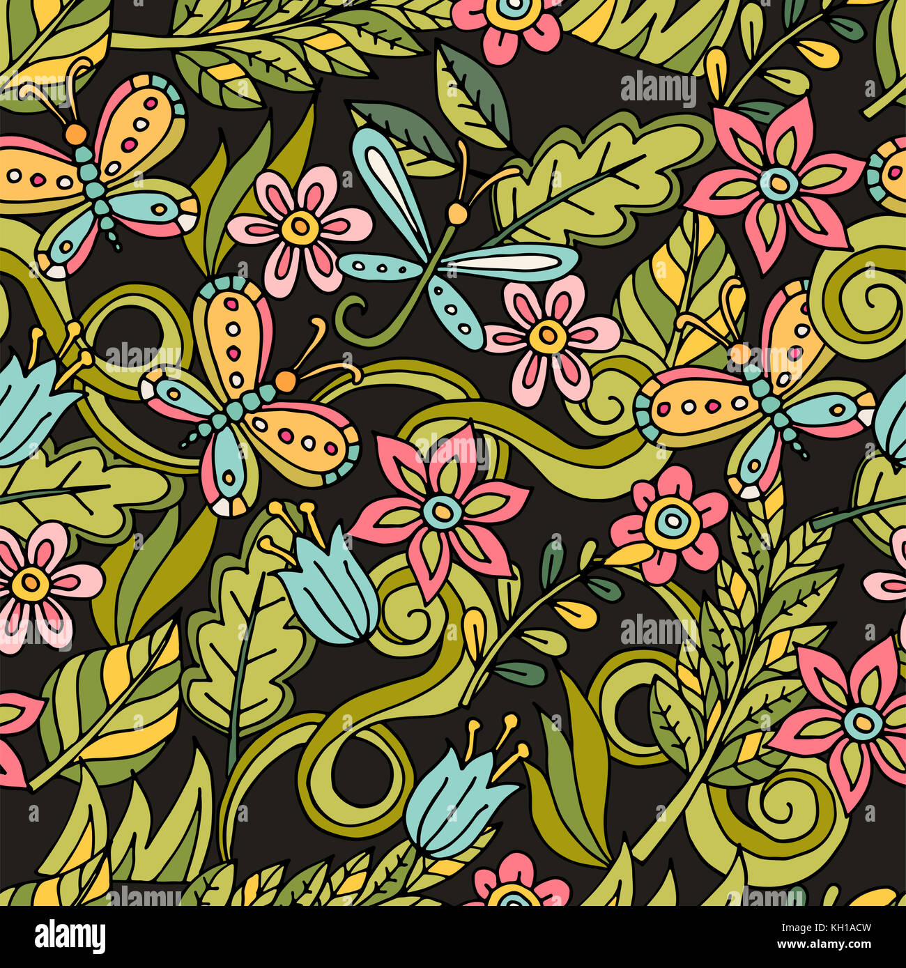 Bunte nahtlose florales Muster mit stilisierten Schmetterling und Libelle. Stockfoto