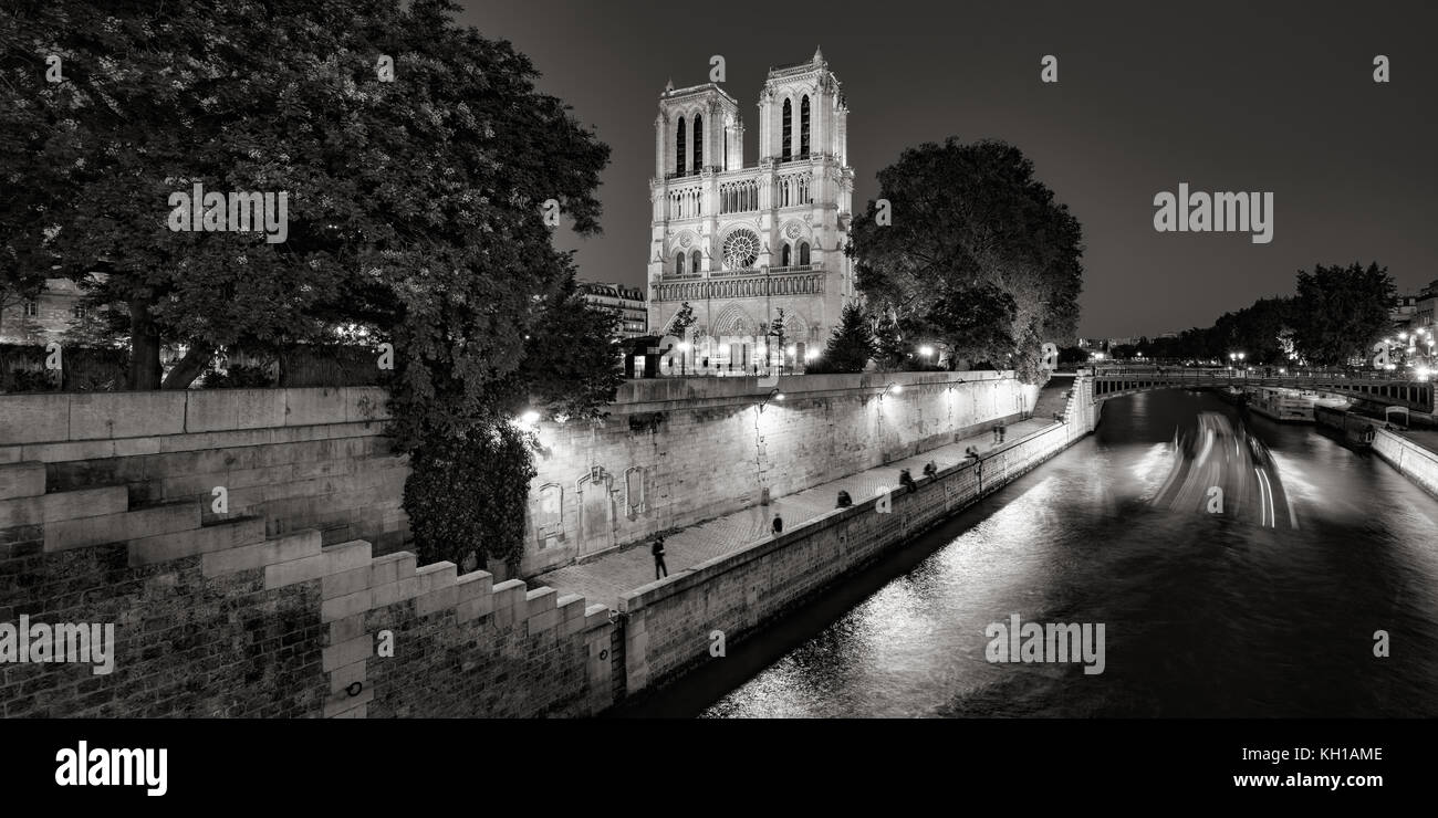 Schwarz und Weiß von Notre Dame de Paris Kathedrale beleuchtet in der Dämmerung mit dem Fluss auf der Ile de la Cite. Paris, Frankreich Stockfoto