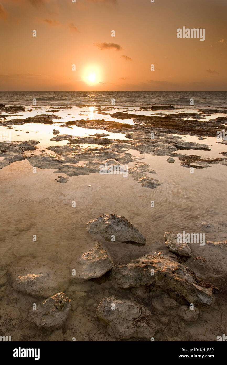 Gezeitenpools bei Sunrise bei Bahia Honda, Florida Keys. Felsen sind versteinerte Korallenriffe (Kalkstein und Kalziumkarbonat). Stockfoto