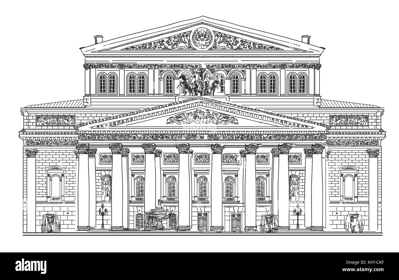 Großes Theater in Moskau vektor Handzeichnung isoliert Abbildung in der Farbe Weiß auf schwarzem Hintergrund Stock Vektor