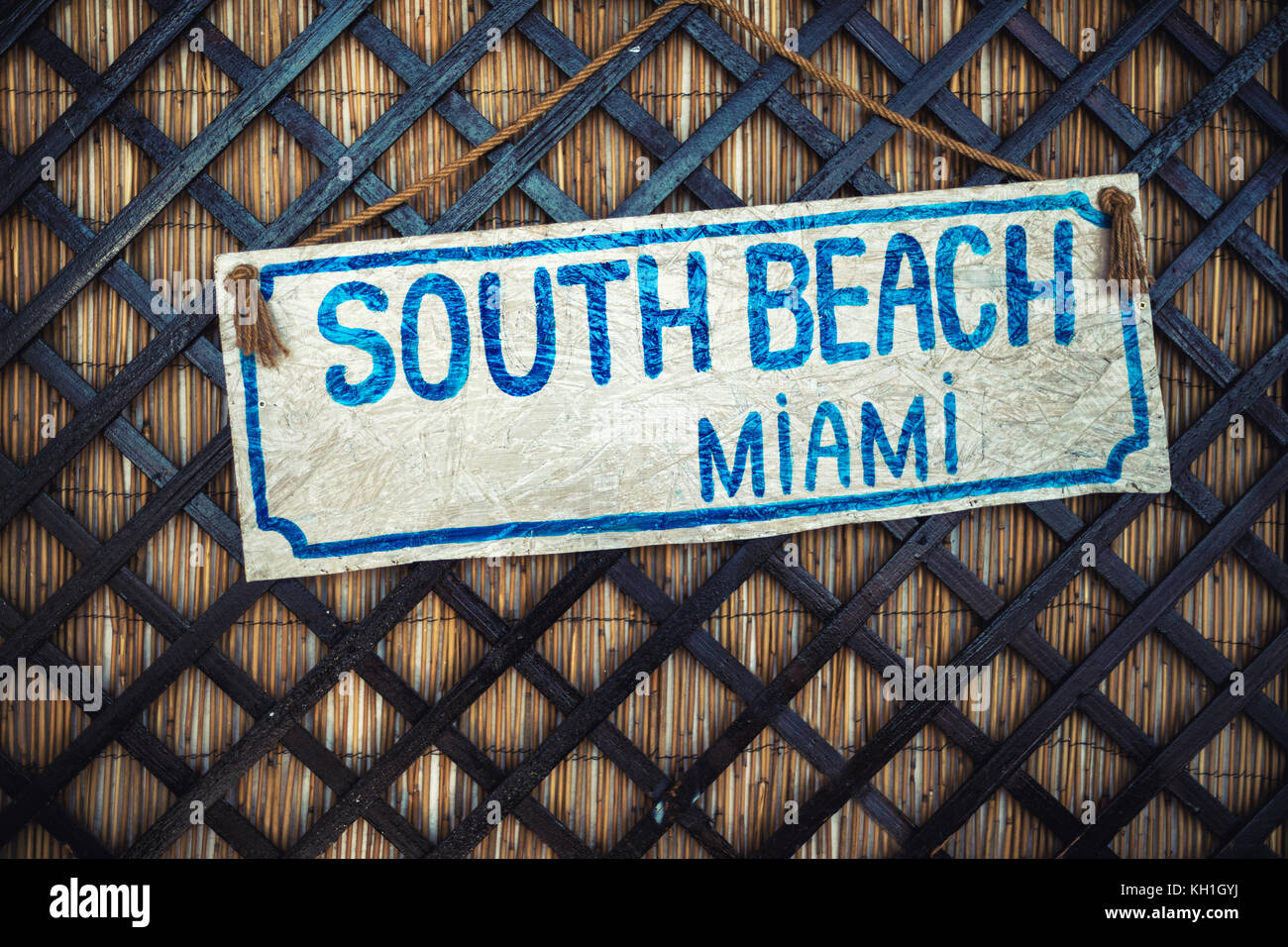 Nahaufnahme von Miami unterzeichnen am Strand Stockfoto